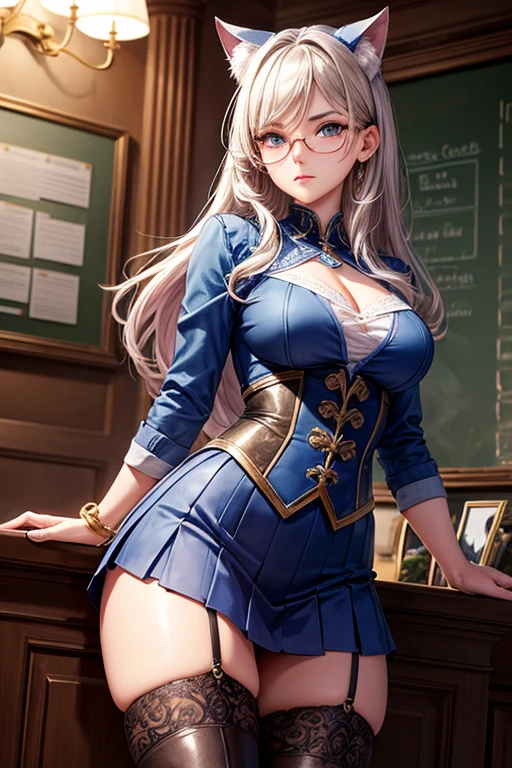 Masterpiece, Beautiful art, professional artist, 8k, art style by sciamano240, Very detailed face, detailed hair, Detailed clothing, detailed fabric, 1 girl, perfectly drawn body, beautiful face, wide, light blue fur , highly detailed blue cat eyes, wearing teacher clothes, thigh high boots, tube skirt, glasses, looking angrily over glasses, sensual lips , pink cheeks, school environment, detailed background, board , show details in the eyes, close up view, spectator looking, angry expression,