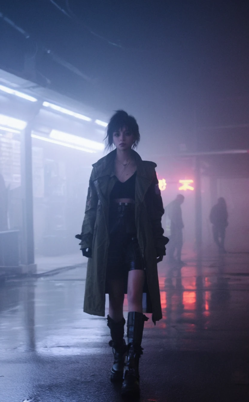 Leo Girl, One girl, Grainy Neon, synthetic textures, Modified limbs, Worn material, Atmospheric fog, Rebellious attitude, Urban decline, layered storytelling, Sci-Fi Technology, dystopian settings