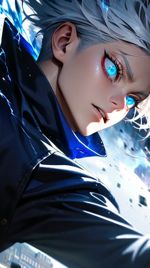 High quality, ultra realistic,absurdres, highres, ultra detailed, HDR, masterpiece, extremely detailed face and eyes, Gojo satoru , jujutsu kaisen,, white hair ,black shirt , solo, ,man, handsome, ,white eyeleshes, blue eyes , Epic fight scene, blue splashing effect,blue lightning effect,glowing glitters , close up,cool eyes, symetrical