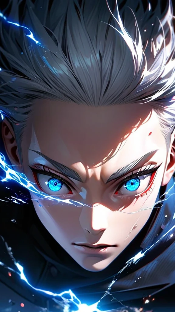 High quality, ultra realistic,absurdres, highres, ultra detailed, HDR, masterpiece, extremely detailed face and eyes, Gojo satoru , jujutsu kaisen,, white hair ,black shirt , solo, ,man, handsome, ,white eyeleshes, blue eyes , Epic fight scene, blue splashing effect,blue lightning effect,glowing glitters , close up,cool eyes, symetrical