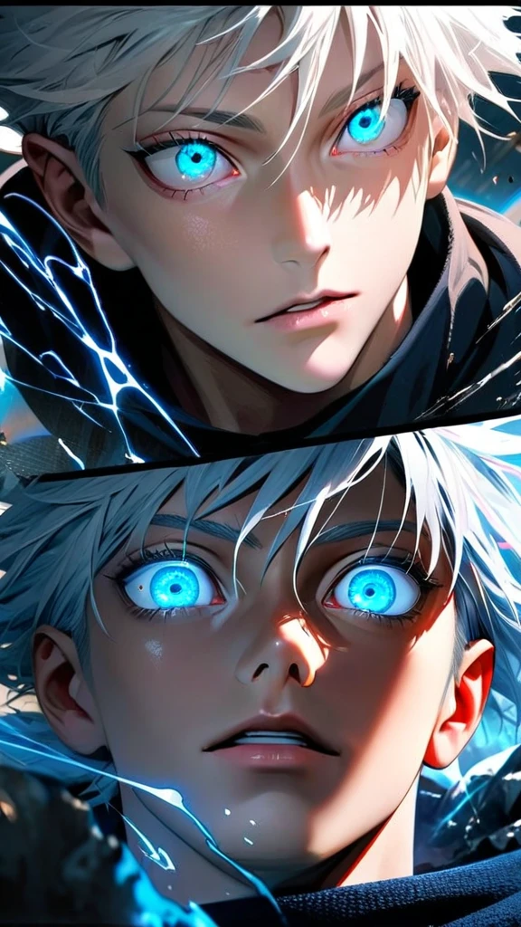 High quality, ultra realistic,absurdres, highres, ultra detailed, HDR, masterpiece, extremely detailed face and eyes, Gojo satoru , jujutsu kaisen,, white hair ,black shirt , solo, ,man, handsome, ,white eyeleshes, blue eyes , Epic fight scene, blue splashing effect,blue lightning effect,glowing glitters , close up,cool eyes, symetrical
