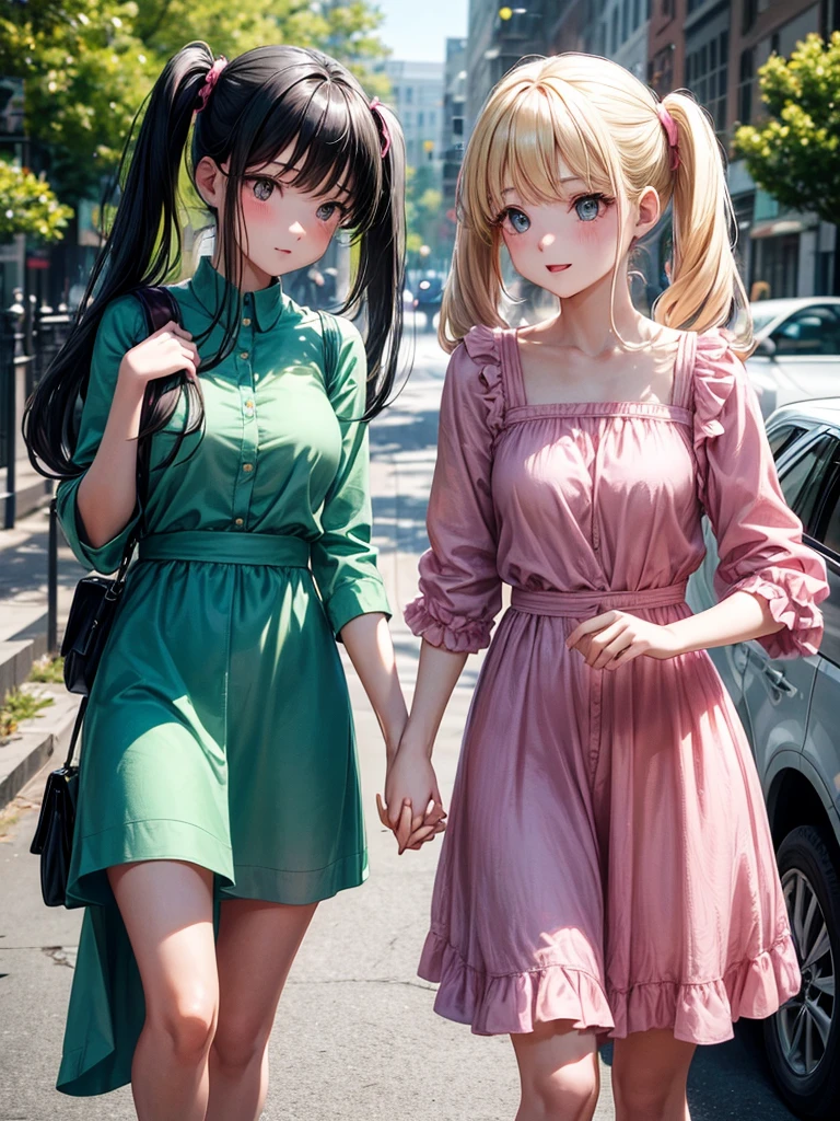 Two adult girls holding hands, One wears two blonde pigtails falling over her shoulders and a pink jumpsuit-type dress while the other wears a long-sleeved green dress., He has black eyes and black hair, long, loose hair without any ties, Her hair reaches her waist and she has straight bangs., loose hair please