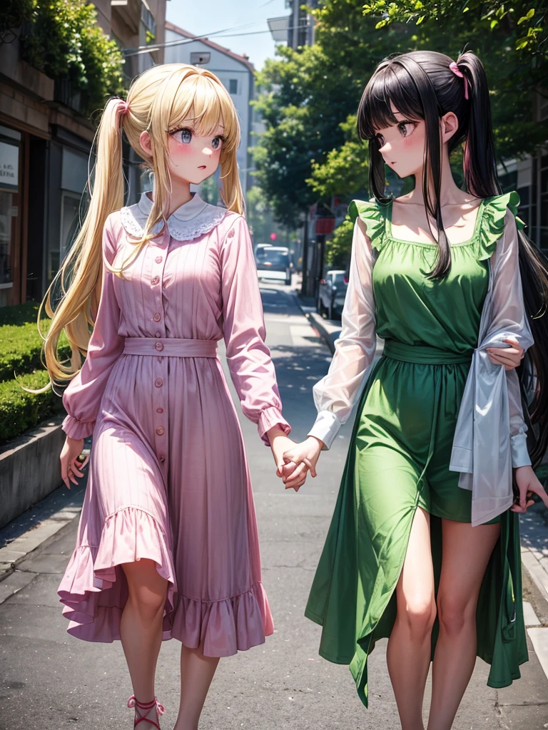 Two adult girls holding hands, One wears two blonde pigtails falling over her shoulders and a pink jumpsuit-type dress while the other wears a long-sleeved green dress., He has black eyes and black hair, long, loose hair without any ties, Her hair reaches her waist and she has straight bangs., loose hair please