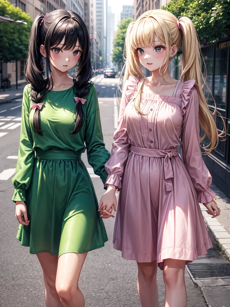 Two adult girls holding hands, One wears two blonde pigtails falling over her shoulders and a pink jumpsuit-type dress while the other wears a long-sleeved green dress., He has black eyes and black hair, long, loose hair without any ties, Her hair reaches her waist and she has straight bangs., loose hair please