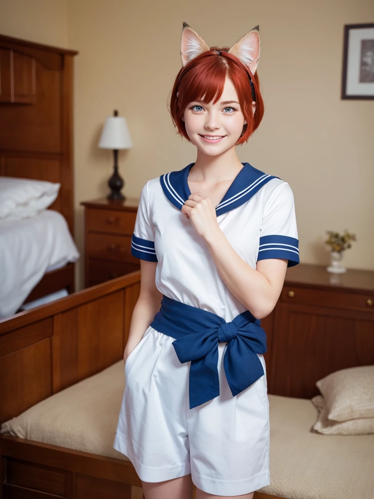 Highest quality,High resolution,１People Girl,whole body,fine,smile,looking at the camera,Bedroom,Dazzling lighting,short hair,Red Hair,Blue eyes,Sailor suit,beautiful girl,Cat ears on the head,Cat tail on waist,smile,be happy,