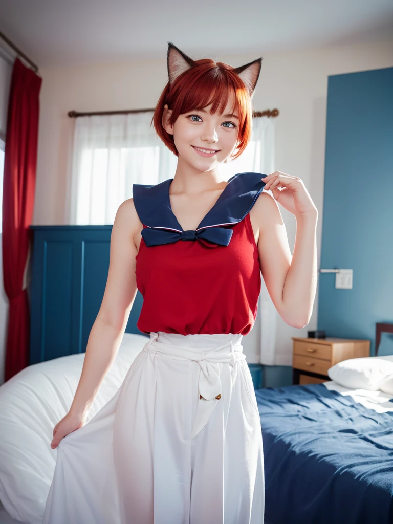 Highest quality,High resolution,1People Girl,whole body,fine,smile,looking at the camera,Bedroom,Dazzling lighting,short hair,Red Hair,Blue eyes,Sailor suit,beautiful girl,Cat ears on the head,Cat tail on waist,smile,be happy,