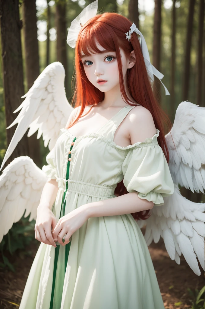 Young girl with angel wings four black eyes red hair pale skin and white and green clothes