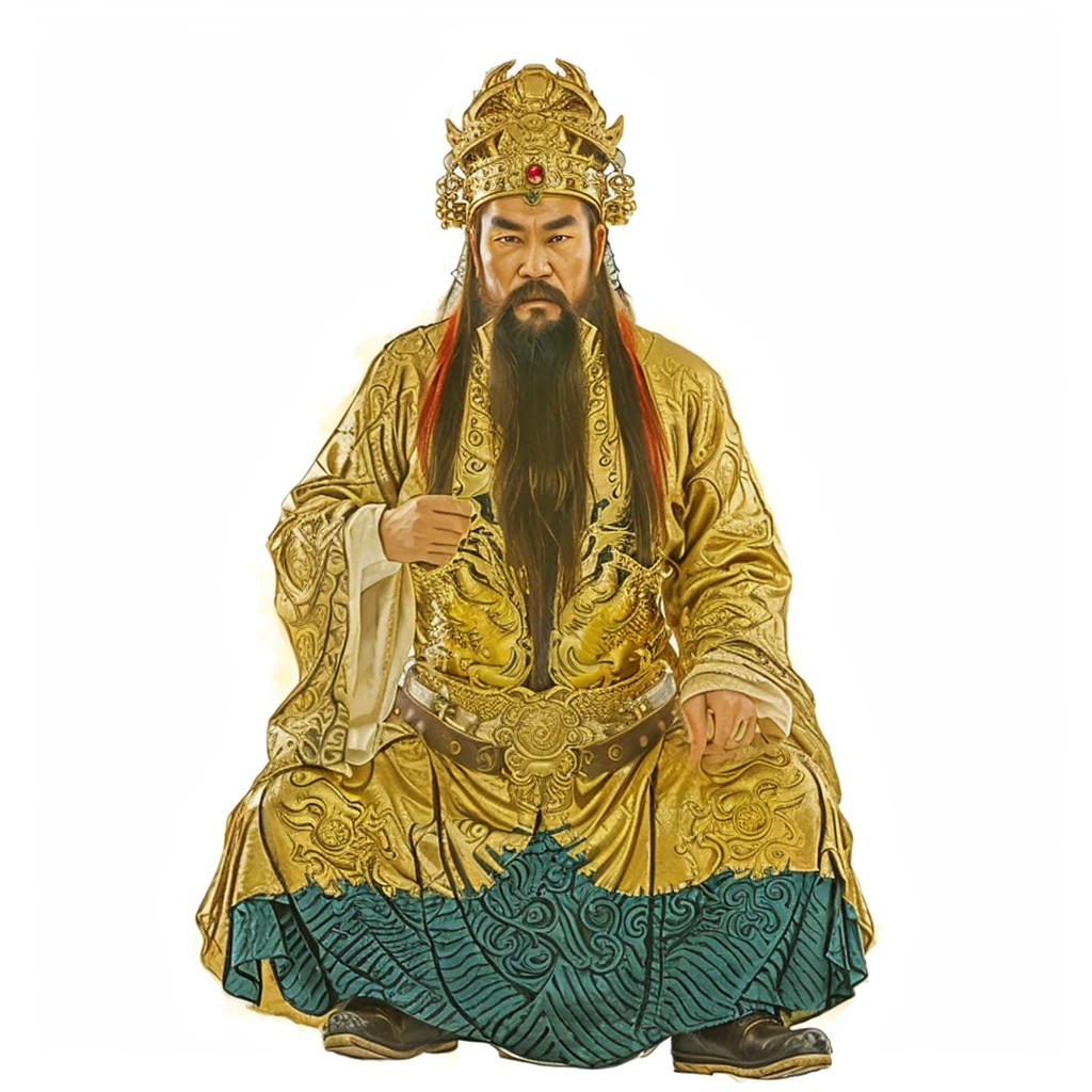 ancient chinese old man with long beard, wearing luxurious gold dragon robe with blue ocean pattern at the bottom, 2 belts with green jades, black boots, right hand holding the belt