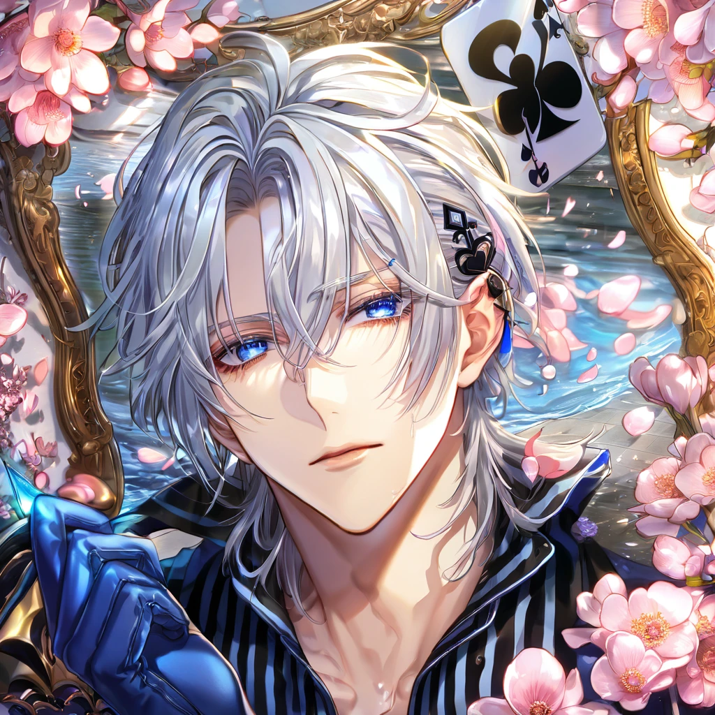 absurdres, highres, ultra detailed, HDR, master piece, Ikki, white hair, right side of his hair is notably shoulder-length, unlike its left, expressive blue eyes, on his left ear is a hair clip shaped like a black spade, Amnesia, sexy man, handsome, best quality, blossoms, pink petals, pink flowers, fantasy, magical, blue shining fireflies, solo, water, blue-and-black shirt that is vertically striped, a small tattoo of a black spade under his left eye, blue gloves,