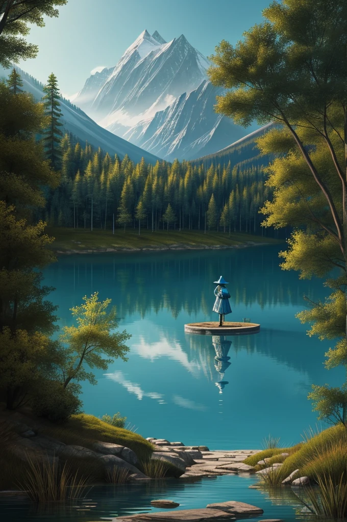 drawing of a lake, inside the lake a sorcerer creating a spell and outside the lake a fantasy guardian who protects the lake