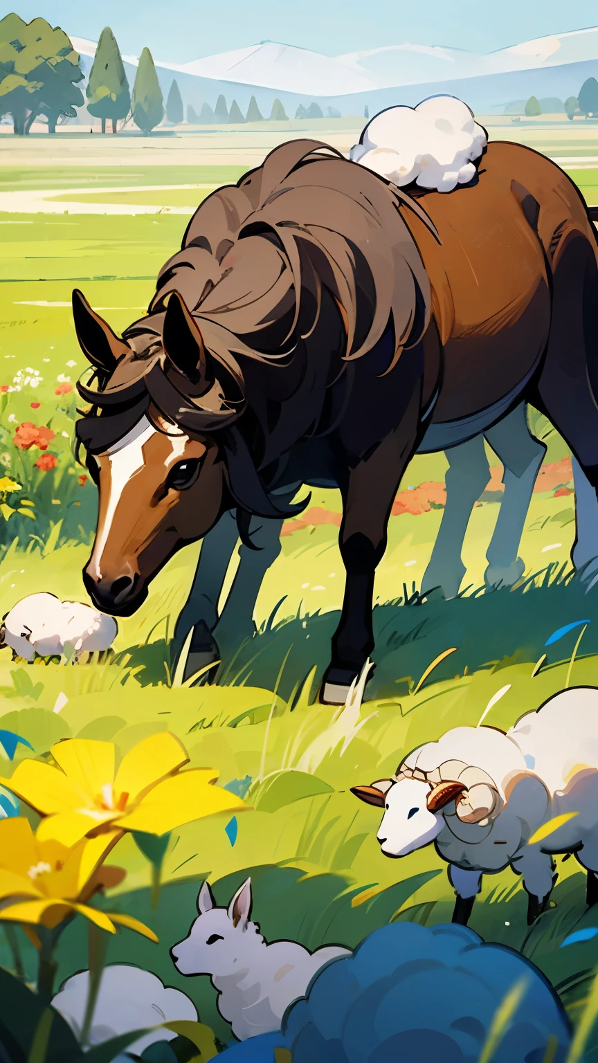 In a meadow, long live the brown horse and the white sheep, they live side by side and in harmony