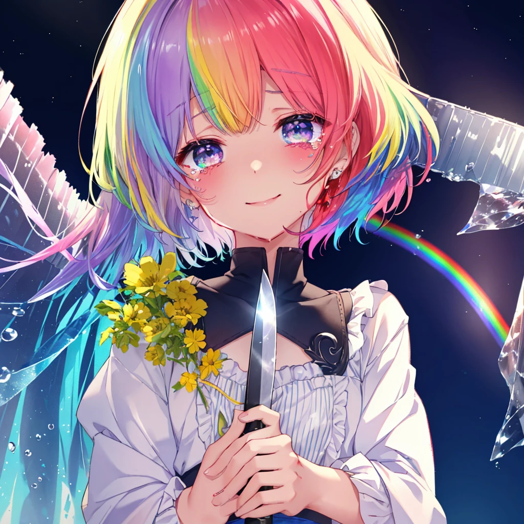 (((Extreme close-up tears smile Hold a knife with both hands Blood splatter))) ((輝くtears Rainbow Hair Rainbow Eyes Short Hair Receiving the light smile Rainbow light Aurora)) (Shining Edge Pillar of Light)