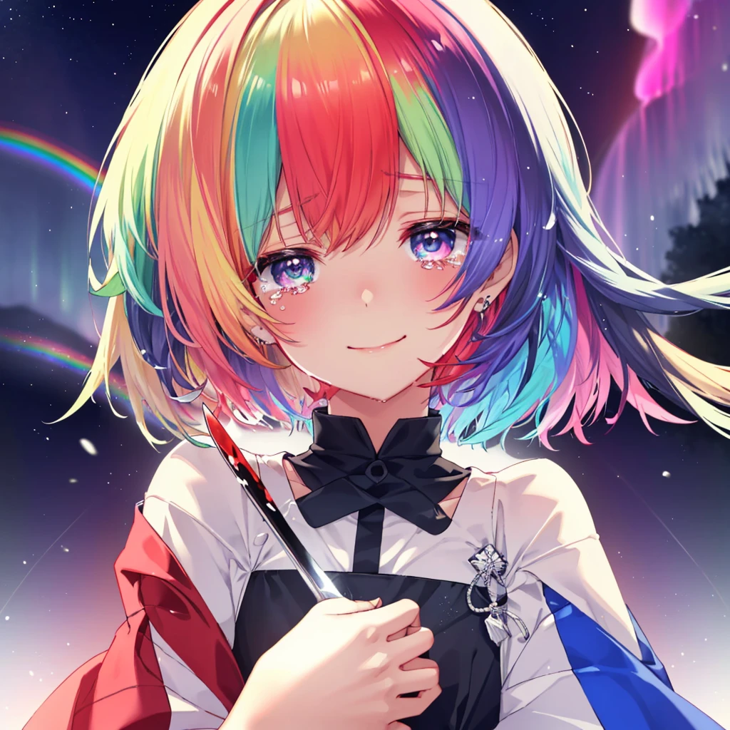 (((Extreme close-up　tears　smile　Hold a knife with both hands　Blood splatter)))　((輝くtears　Rainbow Hair　Rainbow Eyes　Short Hair　Receiving the light　smile　Rainbow light　Aurora))　(Shining Edge　Pillar of Light)