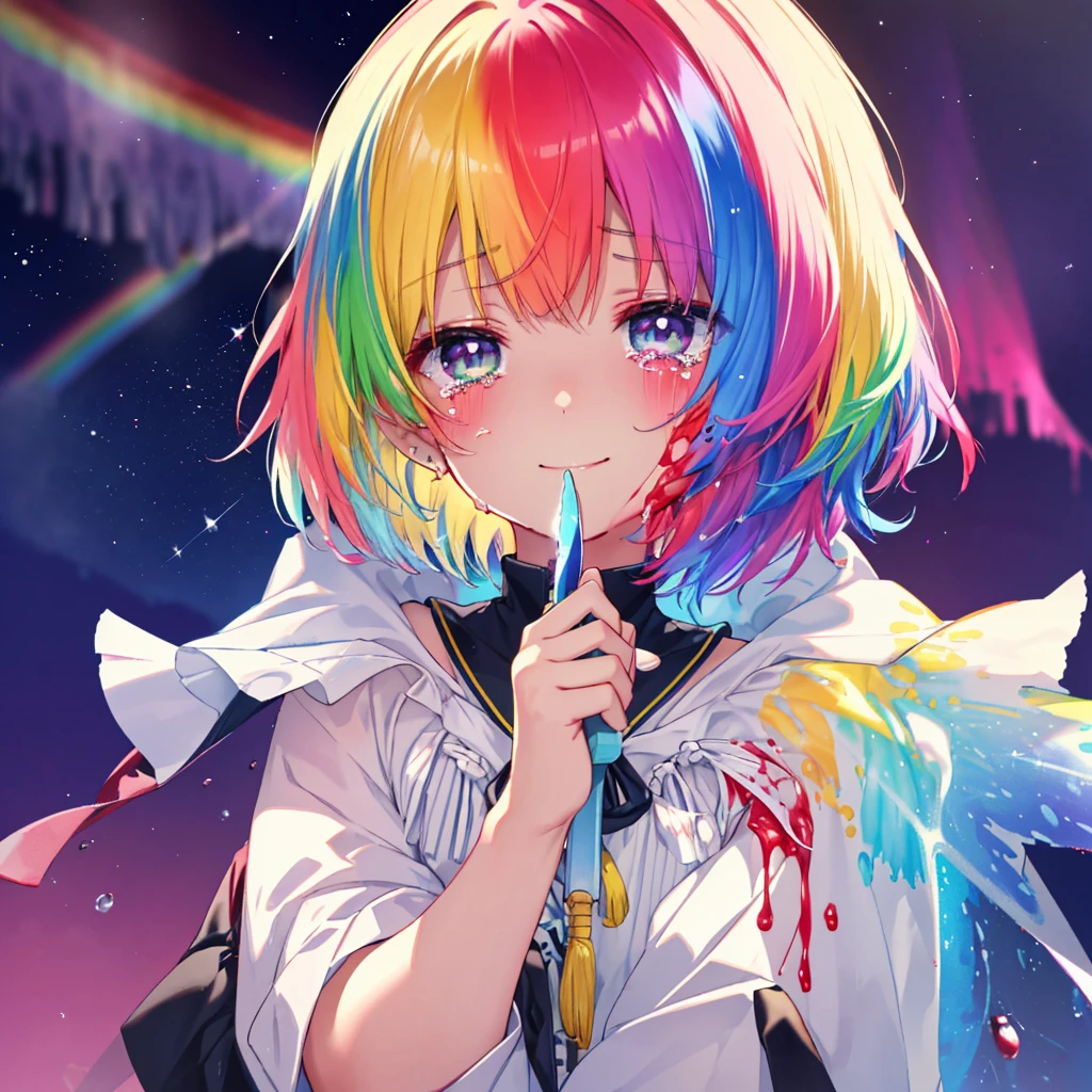 (((Extreme close-up tears smile Hold a knife with both hands Blood splatter))) ((輝くtears Rainbow Hair Rainbow Eyes Short Hair Receiving the light smile Rainbow light Aurora)) (Shining Edge Pillar of Light)