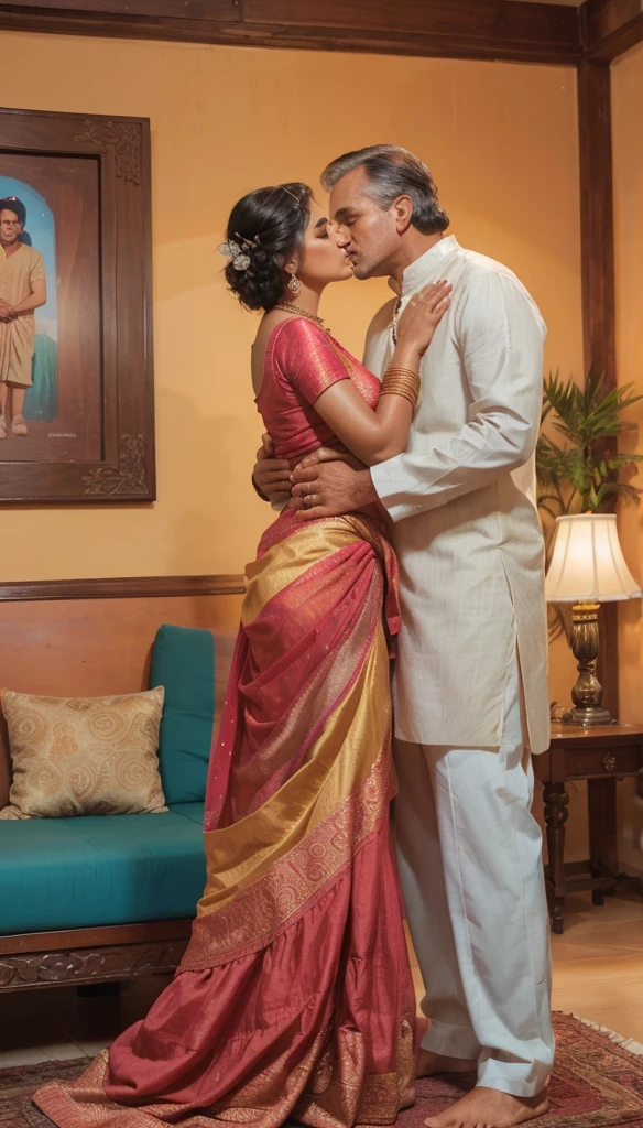 35mm film photography, A middle-aged Caucasian man with short dark hair tenderly embracing and kissing a young, curvaceous South Indian bride dressed in a traditional Indian dawani in a comfortable living room. A group of three Caucasian men observing the couple., high detail, split gradient colors background, full body image