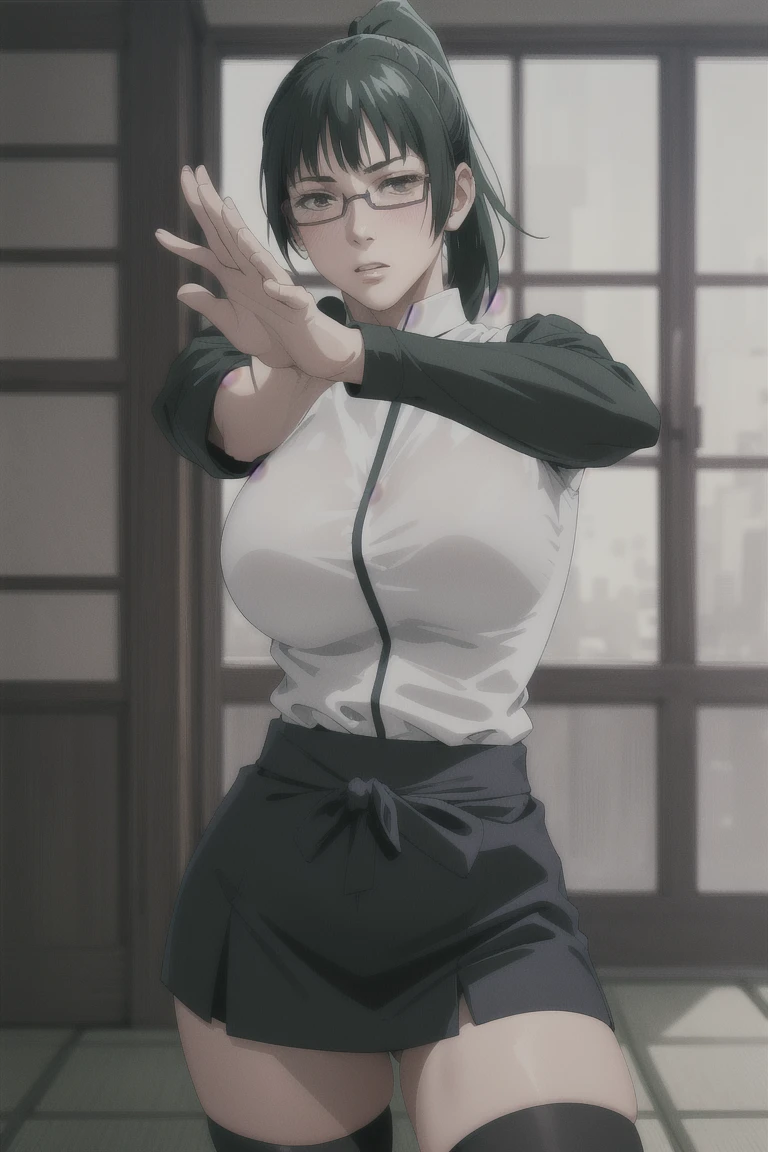 masterpiece, best quality, absurdres, illustration, 8k, perfect shadows,perfect lighting,hdr, ambient lighting,realistic, ultra-realistic, cowboy shot, Photo realistic,(hyperrealistic:1) beautiful body, (blush:1.2)  zenin_maki,green hair,brown eyes,ponytail,bangs (wearing jujutsu_uniform, glasses, skirt, thigh high socks,high socks) (large breasts,hourglass body, thin waist,very slim waist) extremely detailed face,detailed eye makeup, detail face, nice detailed eyes,nice hands, perfect hands (realistic pupils,realistic iris:1) heavy eye makeupskinny waist,thin waist,standing,arms stretched (spread legs:1.2), leg support,   