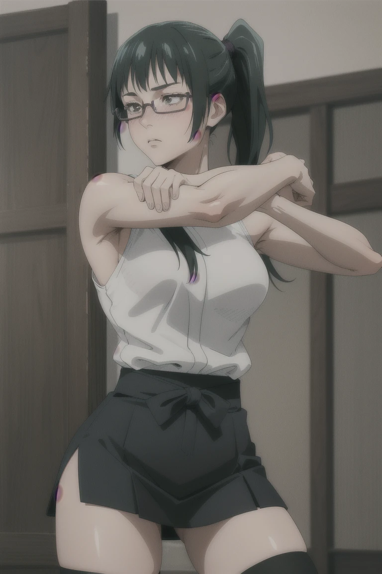 masterpiece, best quality, absurdres, illustration, 8k, perfect shadows,perfect lighting,hdr, ambient lighting,realistic, ultra-realistic, cowboy shot, Photo realistic,(hyperrealistic:1) beautiful body, (blush:1.2) zenin_maki,green hair,brown eyes,ponytail,bangs (wearing jujutsu_uniform, glasses, skirt, thigh high socks,high socks) (large breasts,hourglass body, thin waist,very slim waist) extremely detailed face,detailed eye makeup, detail face, nice detailed eyes,nice hands, perfect hands (realistic pupils,realistic iris:1) heavy eye makeupskinny waist,thin waist,standing,arms stretched (spread legs:1.2), leg support,