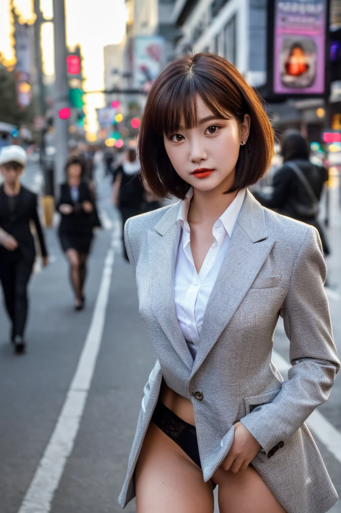 a 20 year old face of the most beautiful actress in the world, the perfect body proportions of a female, tight blazer is worn with formal shirt on female upper body, panties of female crotch between bare legs under short skirt are seen just a little, the short hair cut for a female, standing, at the city street, nsfw, best quality, highly detailed, masterpiece, ultra high res, photo realistic, 8k