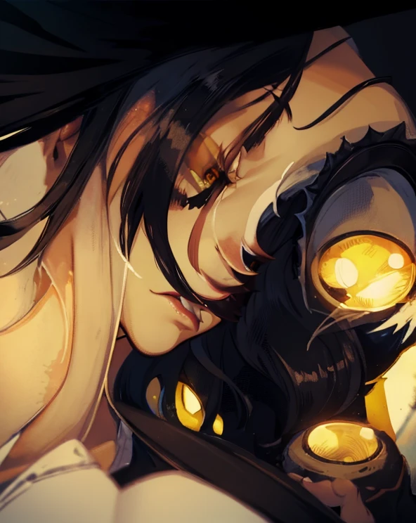 with horns, tight white priestess outfit, dnd style portraiе, pixie-cut black hair, dark make-up, black lipstick, dark face tatoo, warlock celestial, yellow eyes,black skirt,sex face