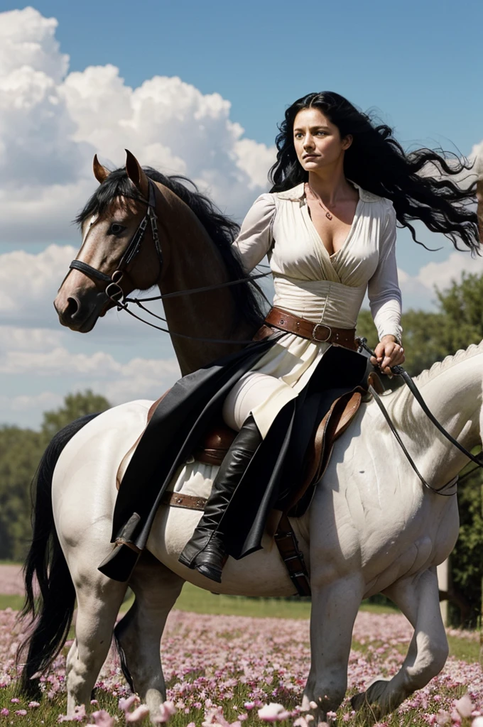 Gerard Butler with very long black hair, her curls move with the wind, Riding a white horse, carries a sword in a sheath on his hip.
magical, petals fly