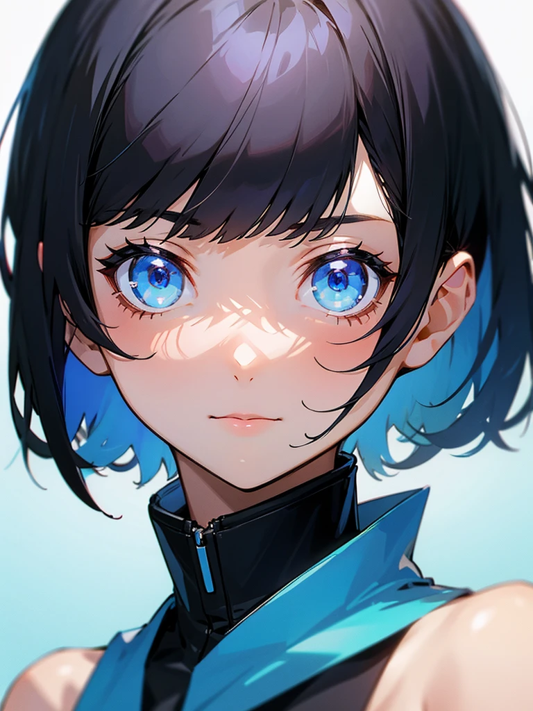 black haired girl,blue eyes,short hair with bangs