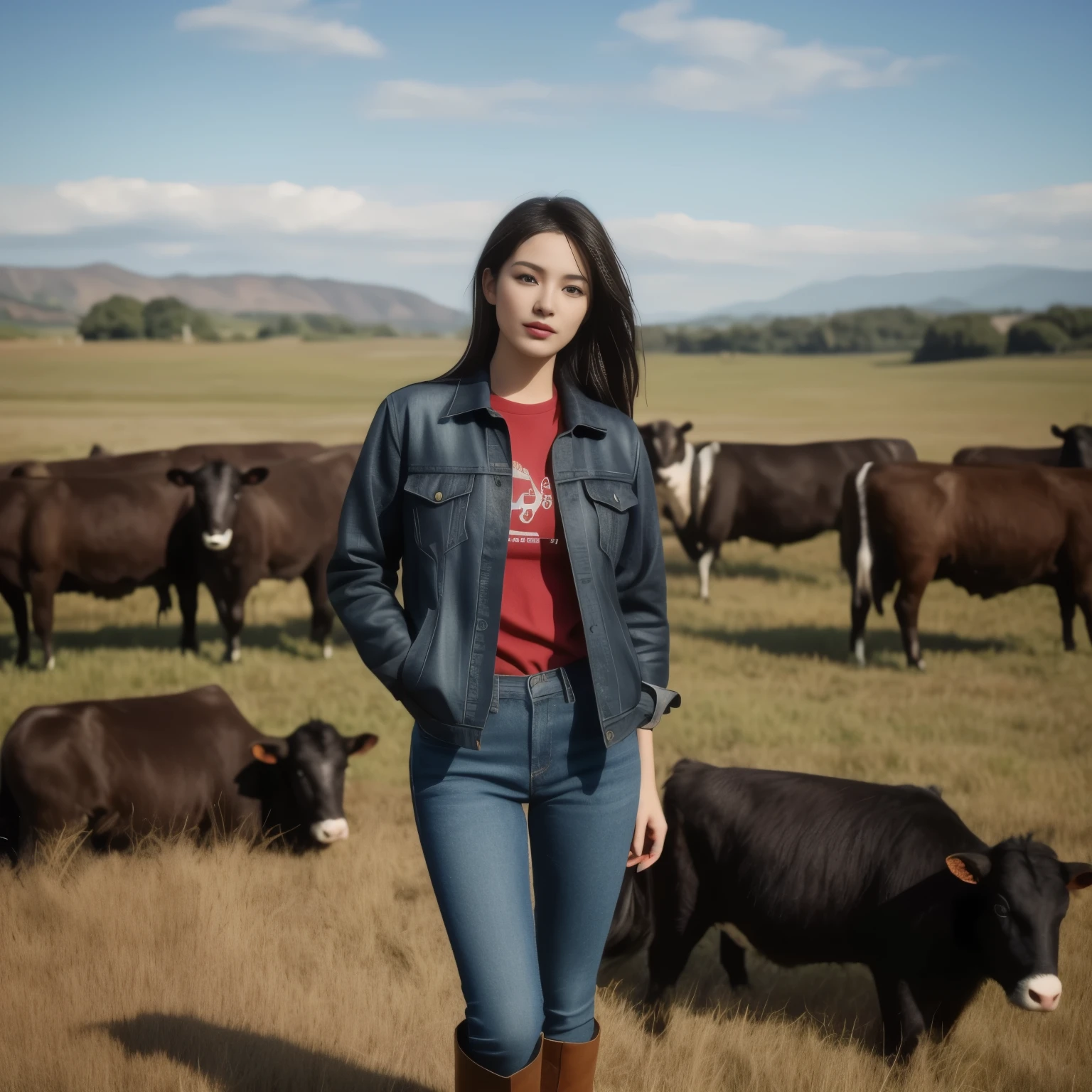 A woman in a red shirt and jeans stands in front of a herd of cows., Wear farm clothes, cow girl, Song Hye-Kyo, crystal, Wear a dark shirt and jeans., standing in the grass, Korean female fashion model, standing in the grass, In the countryside, Japanese Farmer, Bae Suzy, On the farm, cowgirl, Lulu Chen