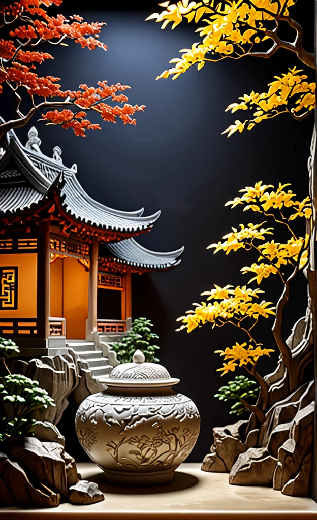4d top quality, realistic, photorealistic, highly detailed, "Mountain trees and Fruit+Fairies+Chinese Architecture" pot relief stone" unique highly detailed carvings on " porcelain, Ultra wide angle, Accent Lighting, Volumetric Lighting, backlight, (detailed light ) ,((very smooth and beautiful)),dramatic_shadow,ray_tracing,hdr