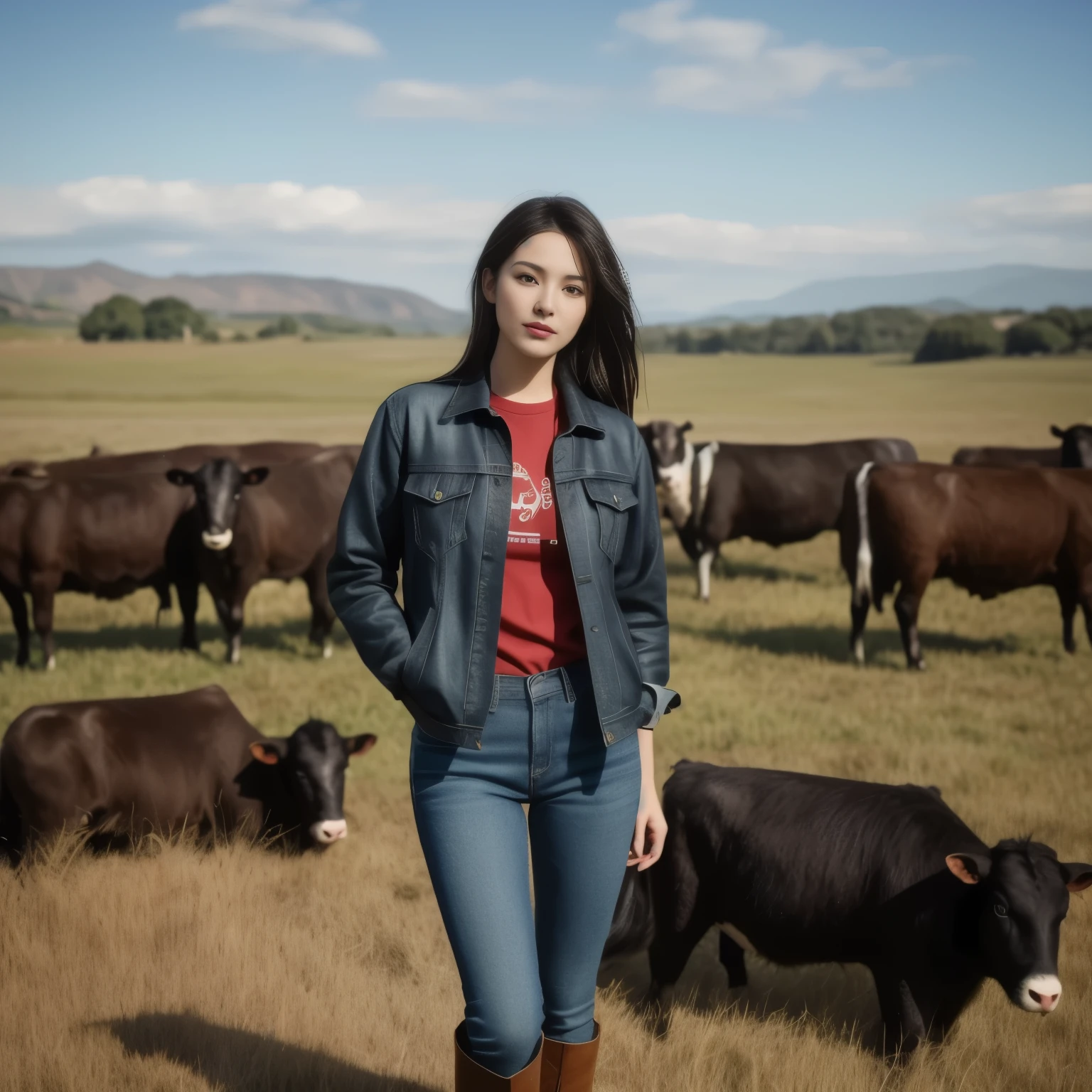 A woman in a red shirt and jeans stands in front of a herd of cows., Wear farm clothes, cow girl, Song Hye-Kyo, crystal, Wear a dark shirt and jeans., standing in the grass, Korean female fashion model, standing in the grass, In the countryside, Japanese Farmer, Bae Suzy, On the farm, cowgirl, Lulu Chen