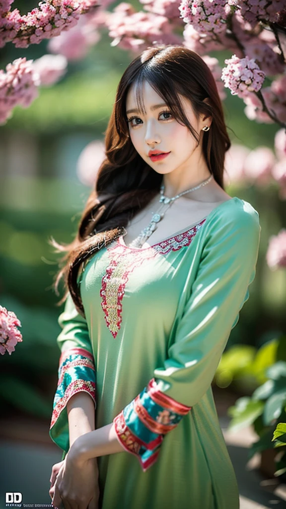 (((HD photo))), ultra high res.photorealistic:. 1.4, UHD a woman in a beautiful garden, wearing a traditional shalwar kameez dress, standing gracefully with a serene expression. The woman has almond-shaped eyes with long eyelashes and perfectly shaped eyebrows. Her lips are full and delicately detailed, adding to her beauty. The shalwar kameez dress is made of fine silk fabric with intricate embroidery, displaying vibrant colors and patterns. The garden is filled with blooming flowers, lush green trees, and a tranquil pond. The sunlight gently filters through the foliage, casting a warm and soft glow on the scene. The image is of the highest quality, with ultra-detailed textures and realistic rendering. The colors are vivid and vibrant, creating a visually stunning masterpiece.