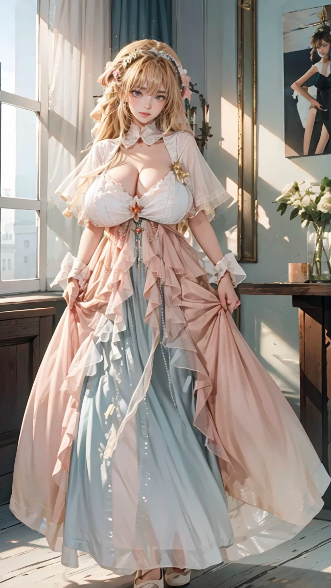 Best quality, masterpiece, ultra high res, raw photo, beautiful and aesthetic, deep shadow, fairy theme,(ultra detailed:1.3),
1girl, standing pose, headdress, (beautiful face, detailed eye:1.2), embarrassed, drill hair, long hair, blonde hair, gradient hair, yellow eyes, solo, ( breasantic breasts:1.1)air, blue hair, divine goddess, looking at viewer, indoors, royal palace, luxurious bedroom, room full of curtain, astraea, full body, Han2,pink dress,flower,