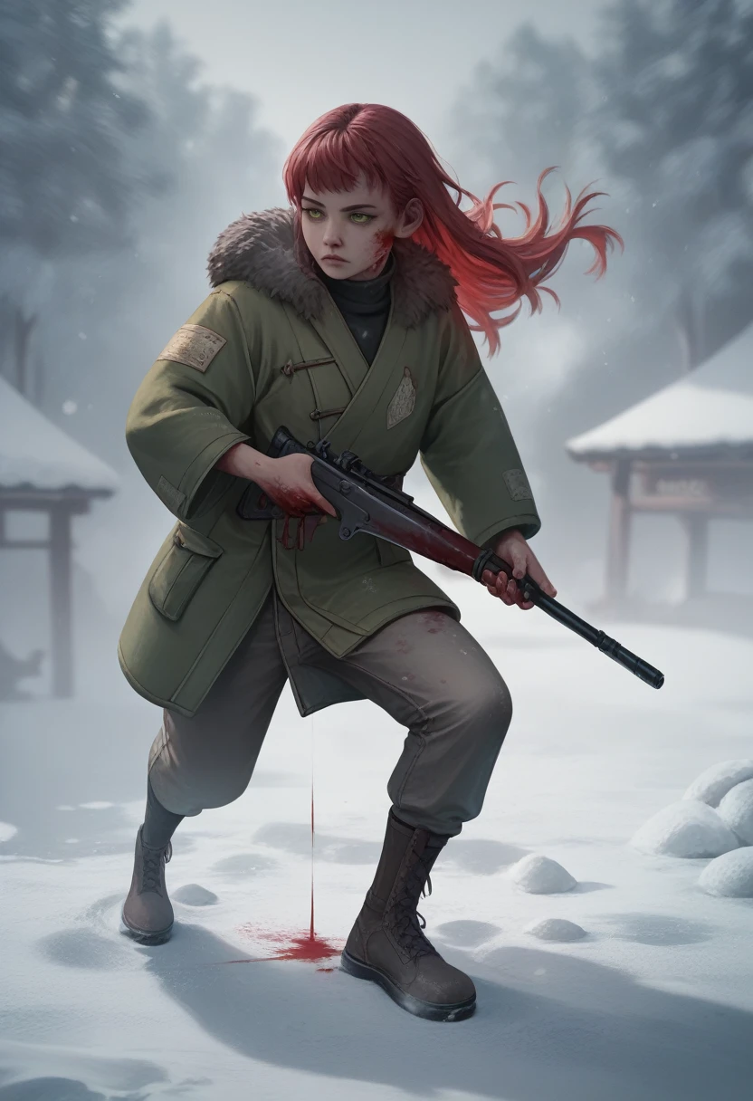 Hunting girl with rifle in combat pose in the snow,Oriental,Blade and Soul,Ink Style,Long Red Hair,Yellow and green odd-eye,Leather and fur coats,cold,artwork,3d,4K,detailed,Realistic