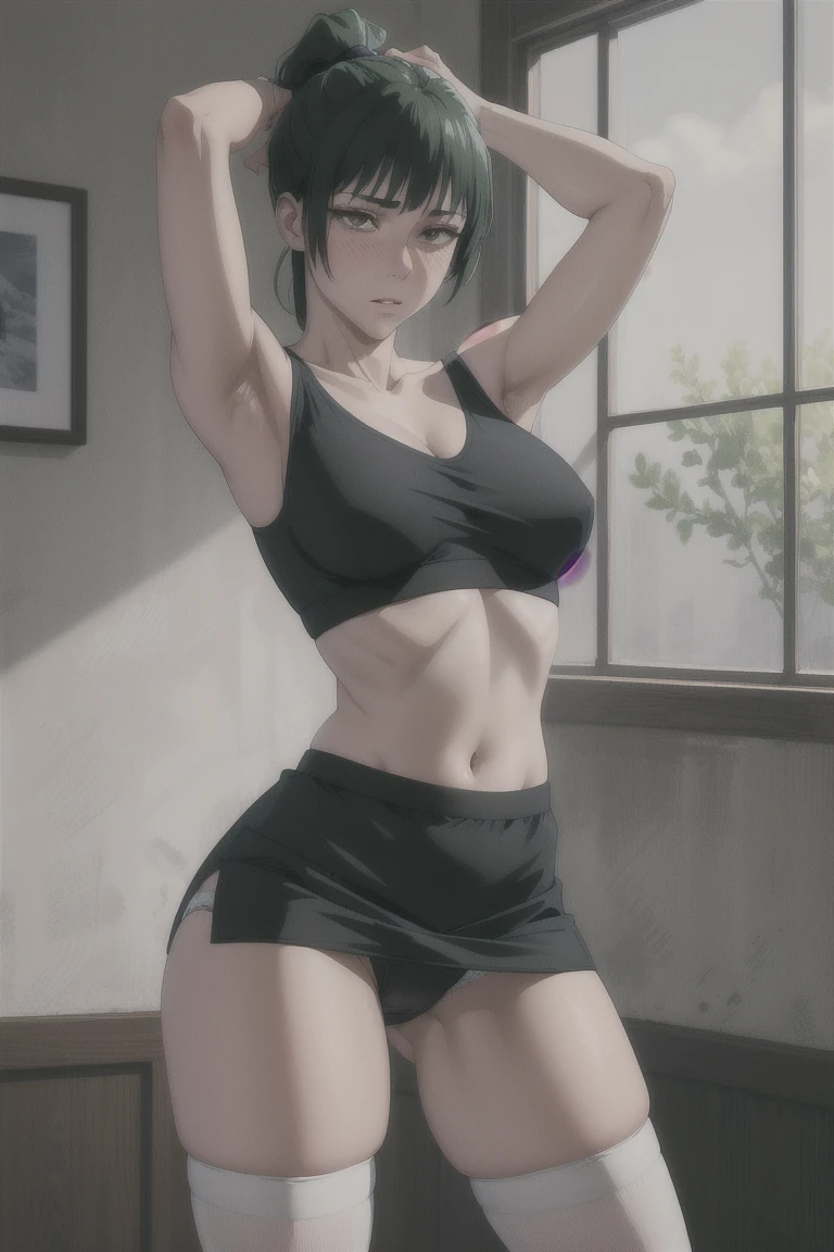 masterpiece, best quality, absurdres, illustration, 8k, perfect shadows,perfect lighting,hdr, ambient lighting,realistic, ultra-realistic, cowboy shot, Photo realistic,(hyperrealistic:1) beautiful body, (blush:1.2) zenin_maki,green hair,brown eyes,ponytail,bangs (((((wearing underwear)))))glasses, skirt, thigh high socks,high socks) (large breasts,hourglass body, thin waist,very slim waist) extremely detailed face,detailed eye makeup, detail face, nice detailed eyes,nice hands, perfect hands (realistic pupils,realistic iris:1) heavy eye makeupskinny waist,thin waist,standing,arms stretched (spread legs:1.2), leg support,