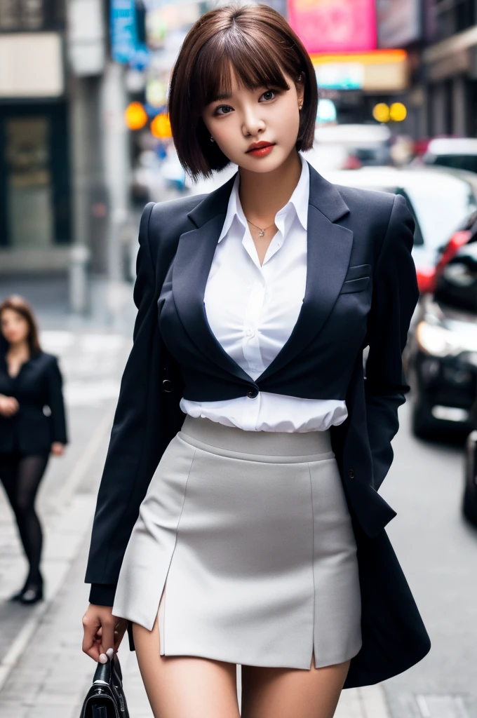 a 20 year old face of the most beautiful actress in the world, the perfect body proportions of a female, tight blazer is worn with formal shirt on female upper body, panties of female crotch between bare legs under short skirt are seen just a little, the short hair cut for a female, standing, at the city street, nsfw, best quality, highly detailed, masterpiece, ultra high res, photo realistic, 8k