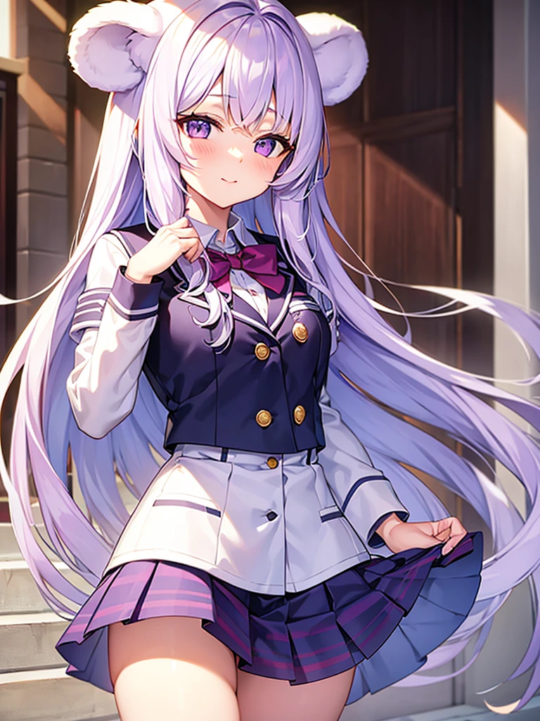 A cute bear girl, white long hair, purple eyes, school-uniform, -manager
