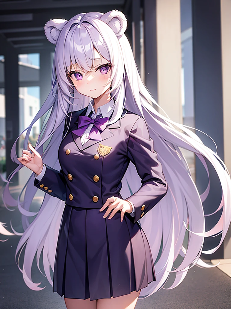 A cute bear girl, white long hair, purple eyes, school-uniform, teen-manager