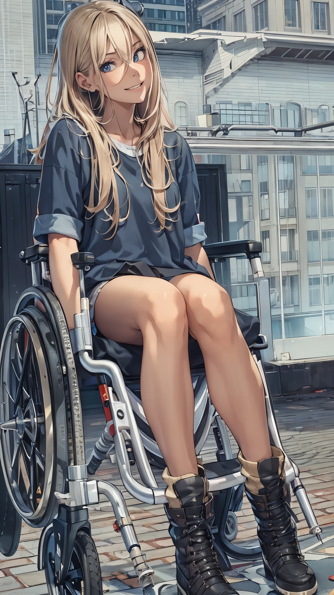 (Very detailed, Realistic), Cityscape, [moderately:Oil], [Professional:1.1], [Physically Based Rendering], [Bright colors], [Sharp focus], [Studio Lighting], [Extreme Detail], [Highest quality,4K,8K,High resolution,masterpiece:1.2],(Detailed face),((inside the hospital)),((One 18-year-old woman)),(Blonde unkempt hair),(dark),(it hurts),(Scary),(grin),[Nervous eyes],((her legs are very thin)),((She walks with crutches,Crutch length from armpit,Crutches are at her side)),((she leans on her crutches)),((she’s putting on her legs in cast)),((leg braces)),((leg braces)),((she’s wheelchair user)),((she’s wheelchair user)),((Her feet are turned inwards)),(street casual fashion,cold shoulder tops,shorts,loose socks),((lace-up-boots)),(gloves,Knee pads),.