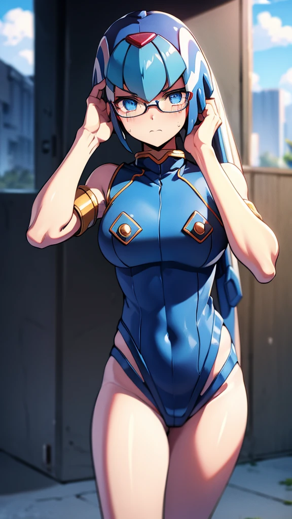 Leviathan_Megamanz, 1 Girl, looking at viewer, blue hair, Blue eyes,Clouds background , Blushed , , Wedding ring, Glasses, chibi , cool glasses, crying, funeral clothes , Black Dress, Hands on face crying
