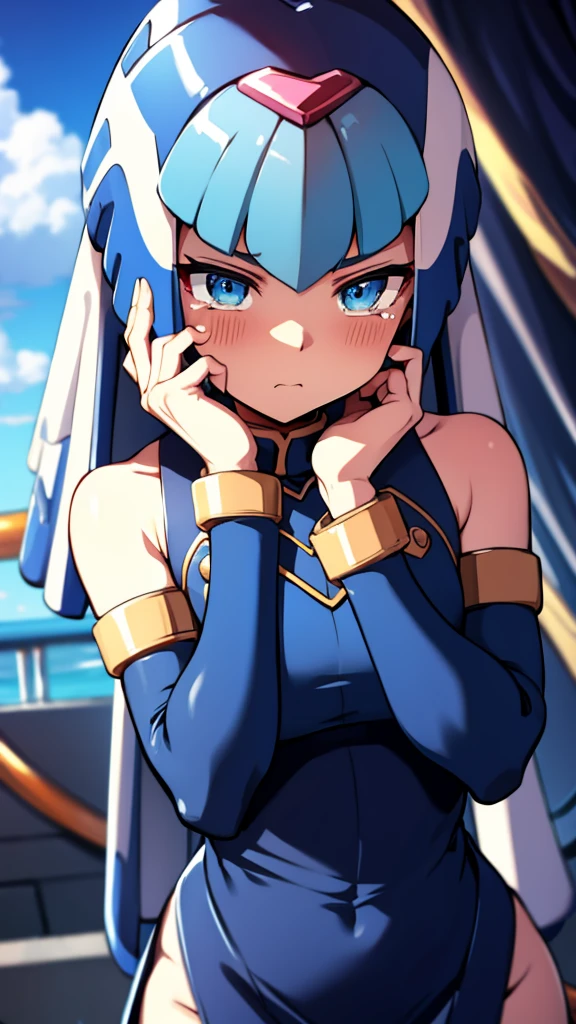 Leviathan_Megamanz, 1 Girl, looking at viewer, blue hair, Blue eyes,Clouds background , Blushed , , Wedding ring, Glasses, chibi , cool glasses, crying, funeral clothes , Black Dress, Hands on face crying