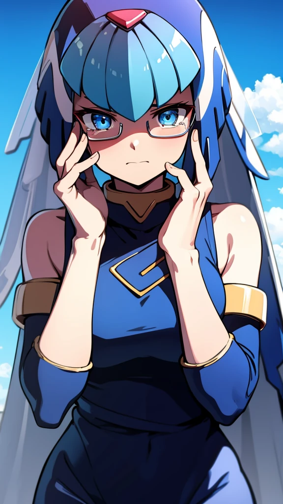 Leviathan_Megamanz, 1 Girl, looking at viewer, blue hair, Blue eyes,Clouds background , Blushed ,  , Wedding ring, Glasses, chibi , cool glasses, crying, funeral clothes , Black Dress, Hands on face crying 