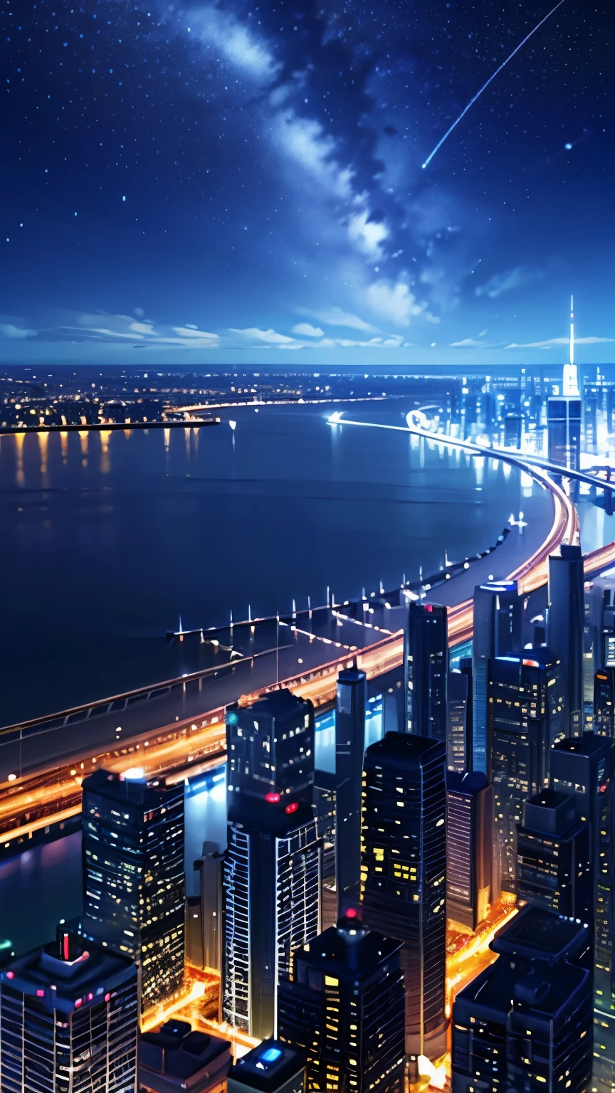 Late Night、Midnight、illumination、City of night、Skyscraper、Overlooking the night view、Coastal、luxury liner、Panorama、shooting star、4K quality、super high quality、high resolution
