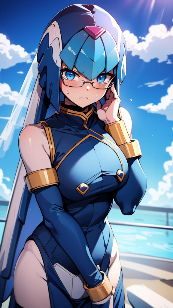 Leviathan_Megamanz, 1 Girl, looking at viewer, blue hair, Blue eyes,Clouds background , Blushed ,  , Wedding ring, Glasses, chibi , cool glasses, crying, funeral clothes , Black Dress, Hands on face crying 