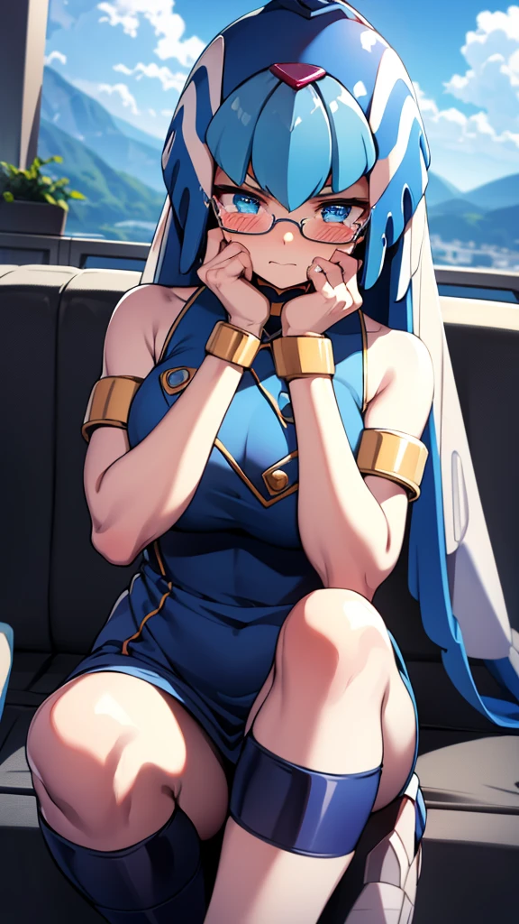 Leviathan_Megamanz, 1 Girl, looking at viewer, blue hair, Blue eyes,Clouds background , Blushed , , Wedding ring, Glasses, chibi , cool glasses, crying, funeral clothes , Black Dress, Hands on face crying