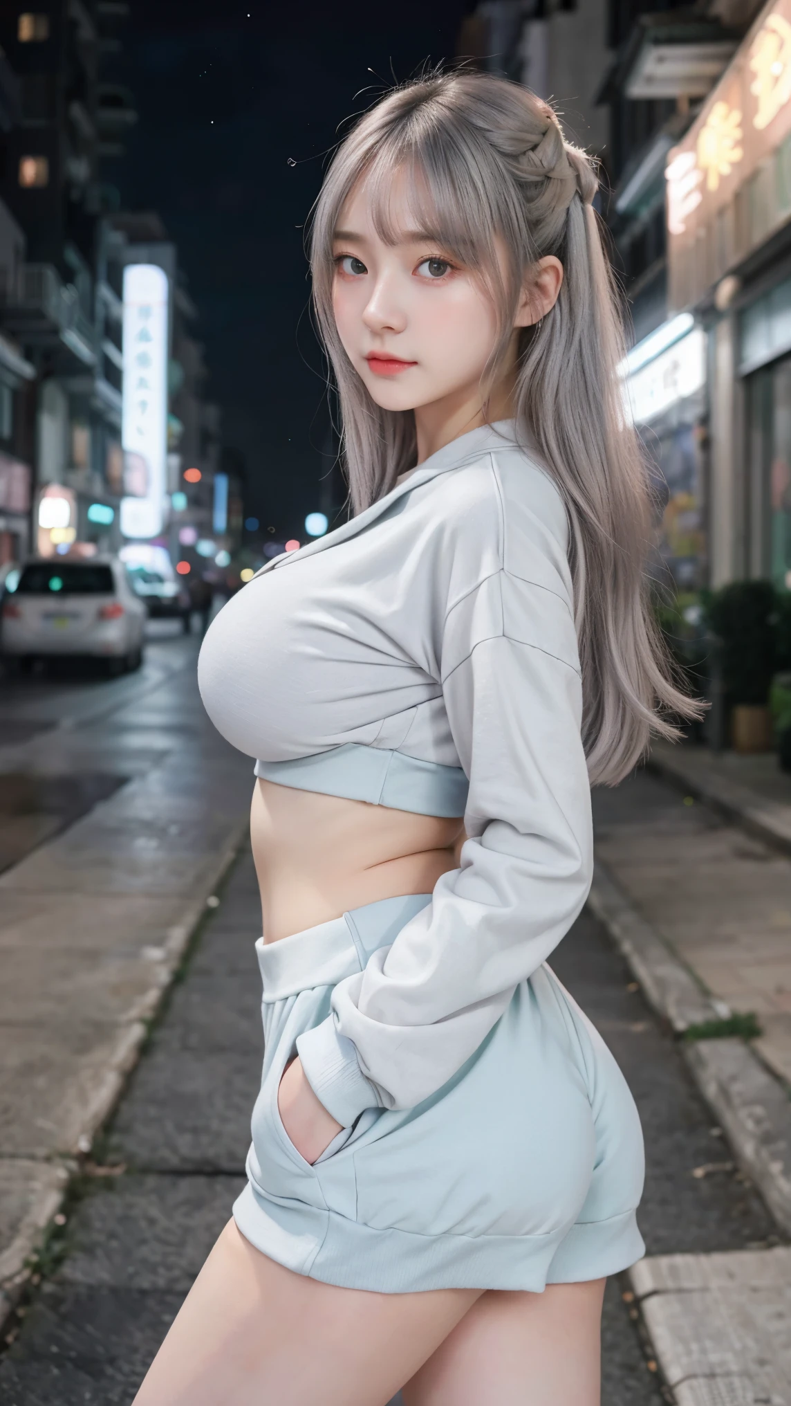 1 Girl, Beautiful, Baby Face, 20 Years Old, White Skin, Colossal Breasts, Sexy Pose, Pastel Colour Anime Outfit Coatumes, ((Pastel Colout Outfit)), ((Grey Eye)), Muscles, Bokeh, Chinese Street Background, Masterpiece, ((Night))