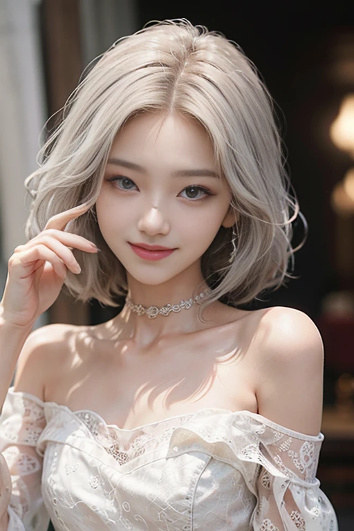 Best quality,realisticphoto,delicate,Korean k_pop girl、Beautiful double eyelids、very Small flat breasts,white hair,Beautiful Skin,beautiful maked up face,narrow eyes,thin lips,smile,fun,off_shoulder,large mouth,delicate slim body