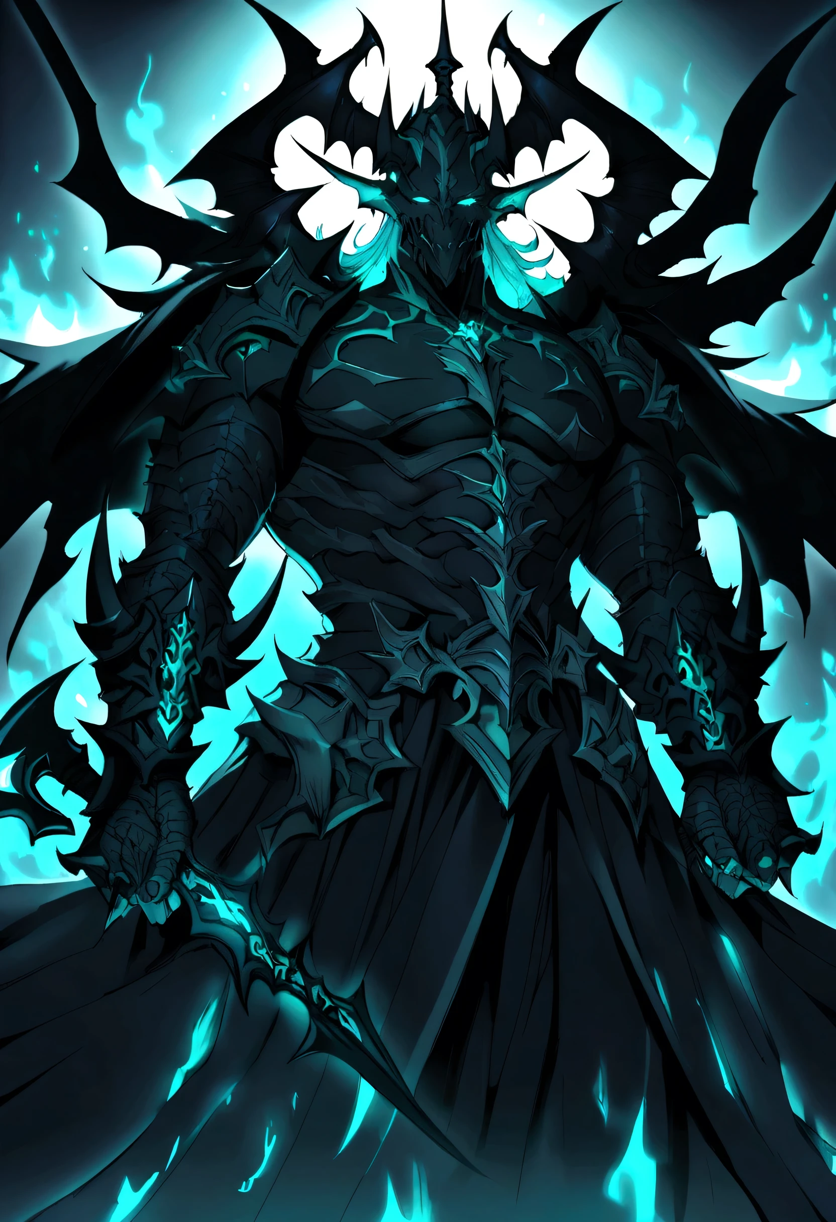 Doombringer demon knight, two axes one on each hand, cyan flames, evil looking, dark fantasy