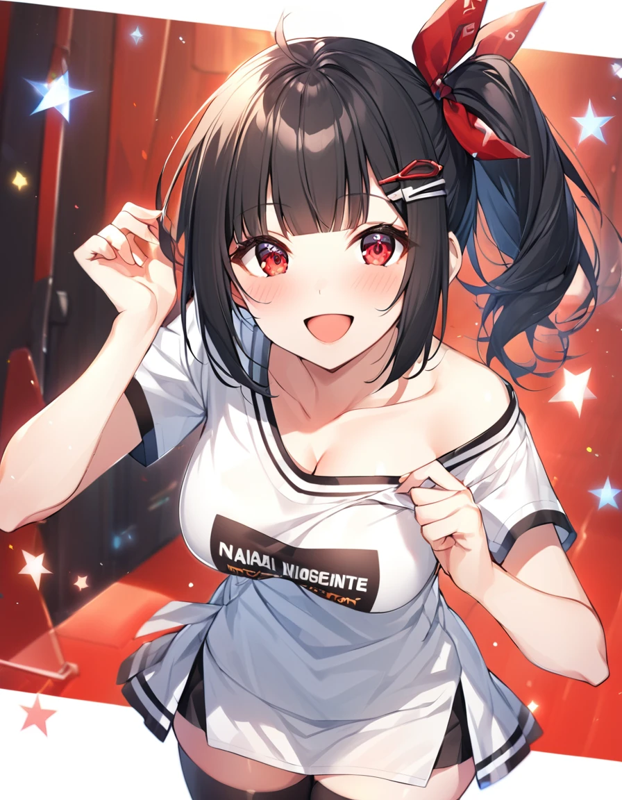 1girl, blunt-bangs,19 years old,short-hair,large_breasts,black-hair,red-eyes,:d,black_ribbon,black_thighhighs,blush,breasts,cleavage,clothes_writing,collarbone,commentary,cowboy_shot,english_text,hair_ornament,hair_ribbon,hairclip,happy,highres,looking_at_viewer,open_mouth,otome_domain,ribbon,shirt,short_sleeves,side_ponytail,single_bare_shoulder,smile,solo,thighhighs,white_shirt,wistar1as,zettai_ryouiki, nai3,
