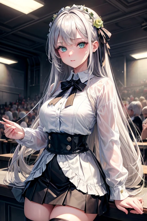 ((Masterpiece)),(Best Quality),(details),(1 girl),  silver hair, bright green eyes, update, White shirt, black skirt, Look at the audience., sexy, Full on camera, tube skirt