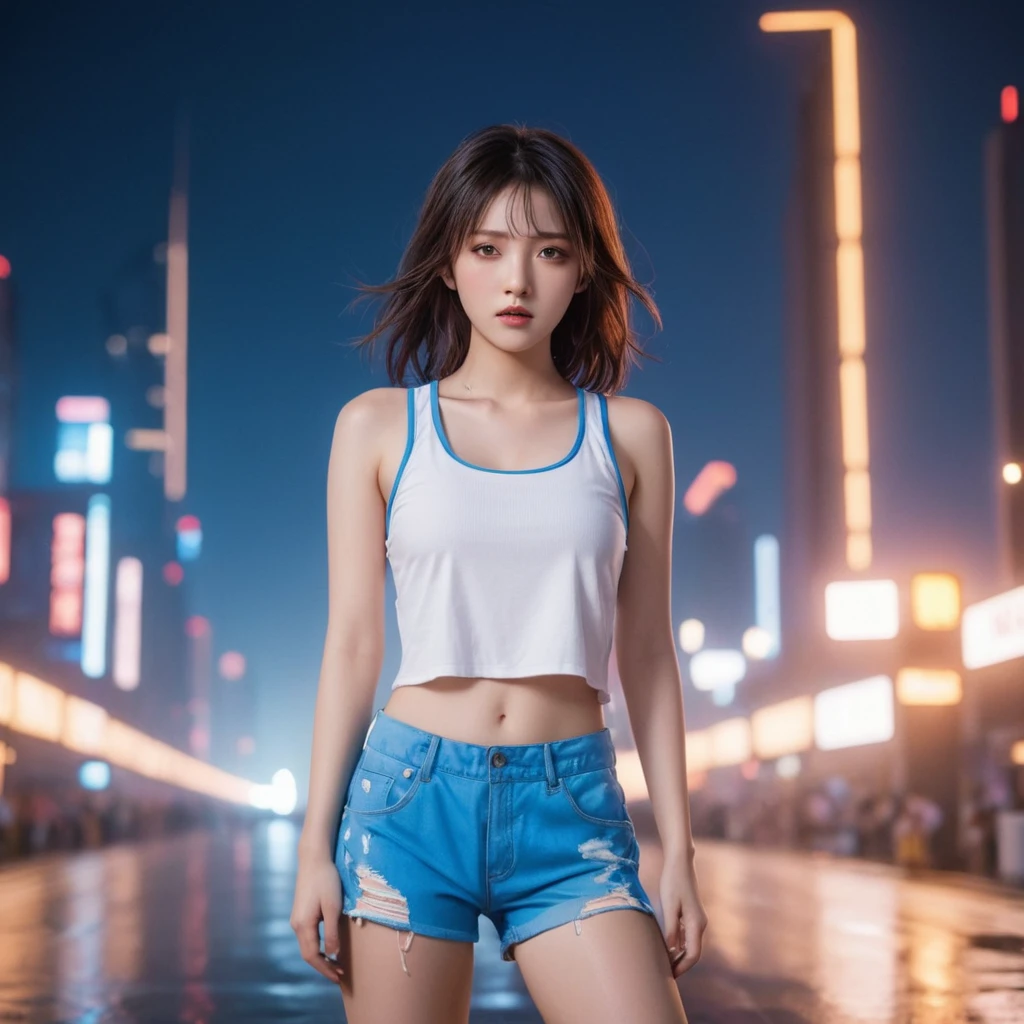 16K, High resolution, RTTX10.0, Ray Tracing, Natural light, Absurd, Top quality masterpiece, Perfect anatomy and highly detailed face, fine grain, Beautiful Hair, so beautiful, Edgy, Nice, Evil Aura, the wind is strong, Glowing Eyes, dystopian city, Futuristic, Detailed Background, Awards, Neon Light, It was a hot topic on Art Station., Climax, Four girl band members in the background, Sweat is splashing, White tank top, (((Torn blue shorts))), 自然A pose, Intense movement, color々A pose, (((Singing while playing electric guitar))), Concentrated on the music