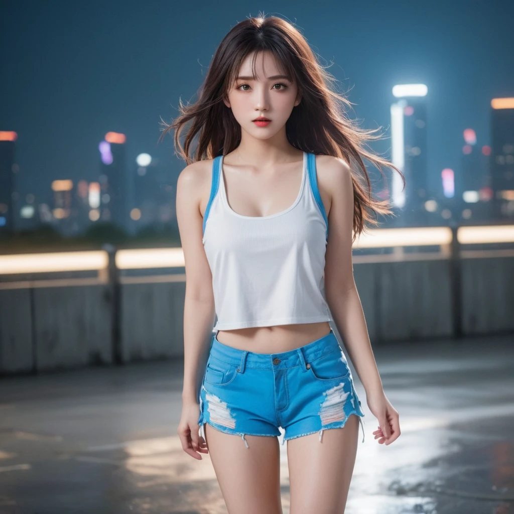 16K, High resolution, RTTX10.0, Ray Tracing, Natural light, Absurd, Top quality masterpiece, Perfect anatomy and highly detailed face, fine grain, Beautiful Hair, so beautiful, Edgy, Nice, Evil Aura, the wind is strong, Glowing Eyes, dystopian city, Futuristic, Detailed Background, Awards, Neon Light, It was a hot topic on Art Station., Climax, Four girl band members in the background, Sweat is splashing, White tank top, (((Torn blue shorts))), 自然A pose, Intense movement, color々A pose, (((Singing while playing electric guitar))), Concentrated on the music