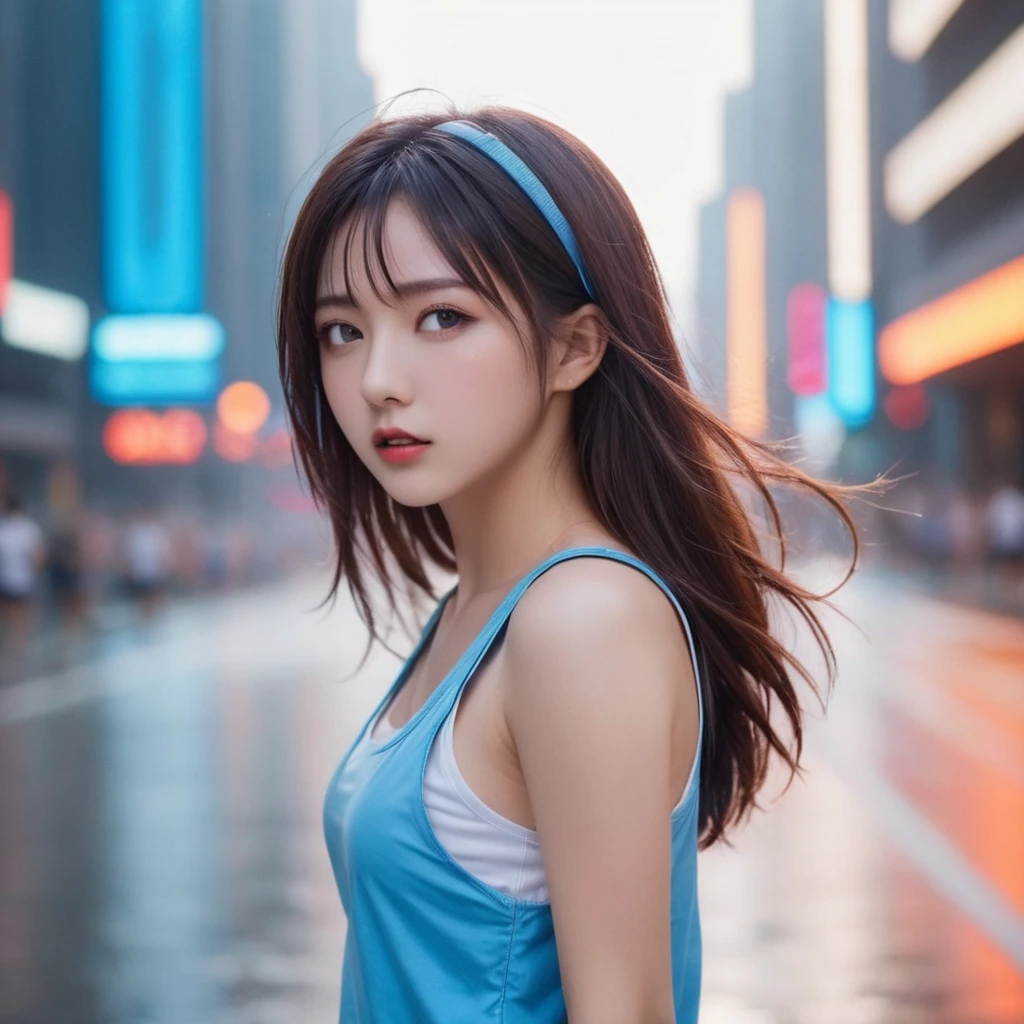 16K, High resolution, RTTX10.0, Ray Tracing, Natural light, Absurd, Top quality masterpiece, Perfect anatomy and highly detailed face, fine grain, Beautiful Hair, so beautiful, Edgy, Nice, Evil Aura, the wind is strong, Glowing Eyes, dystopian city, Futuristic, Detailed Background, Awards, Neon Light, It was a hot topic on Art Station., Climax, Four girl band members in the background, Sweat is splashing, White tank top, (((Torn blue shorts))), 自然A pose, Intense movement, color々A pose, (((Singing while playing electric guitar))), Concentrated on the music